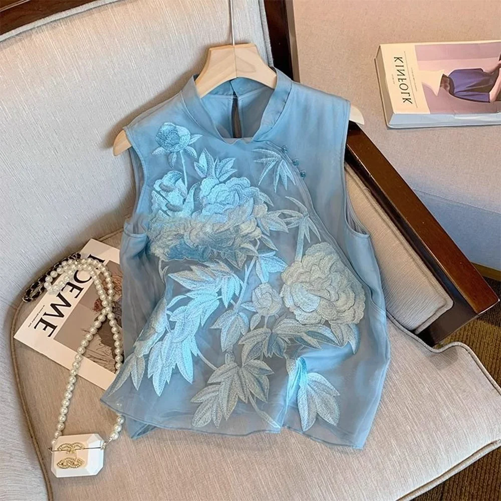 เสื้อกั๊กปักลายสำหรับผู้หญิง ผ้าบาง สไตล์จีนใหม่ เสื้อคลุมฤดูร้อน แฟชั่นอเนกประสงค์ สวมใส่สบาย ทรงหลวม