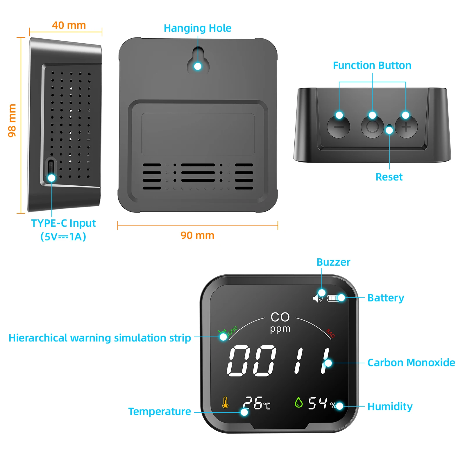 3 in 1 Air Quality Detector Smart CO Detector Intelligent CO Detector Portable CO Temperature Humidity and Air Quality Detector