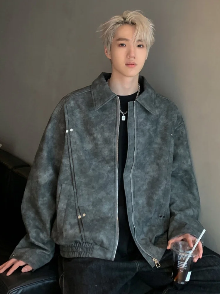 

Стильная мужская кожаная куртка в рабочем стиле с отложным воротником, ветрозащитная, с длинными рукавами, на молнии, повседневная