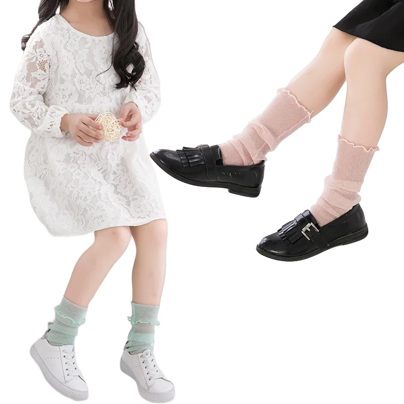 

New Spring Summer Kids Girls Loose Socks Ultra-thin Mesh Bright Silver Lace Transparent Socks For Children Girls 3-12 Years