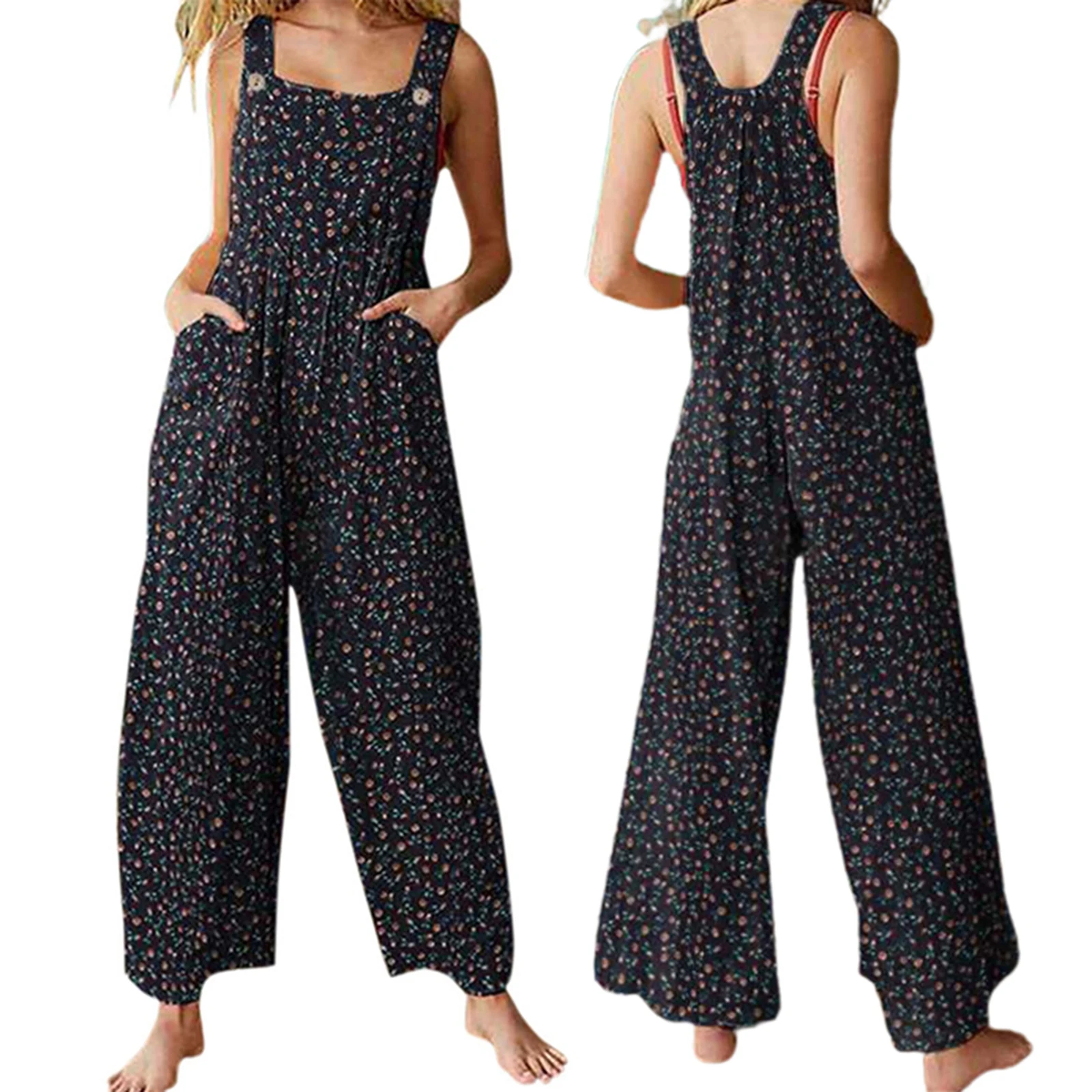 

Women s Casual Jumpsuit Vintage Style Floral Print Sleeveless Overalls with Square Neckline Available in Navy Wine Red Tan