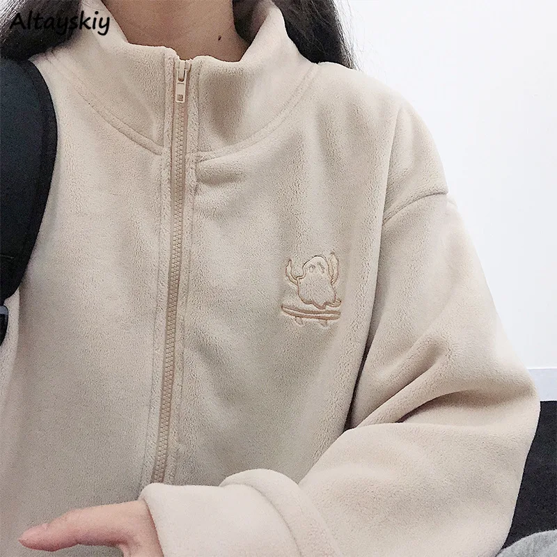 Stand Collar Hoodies Fleece Zip Up Embroidery Thicken Warm Winter Chic Loose Coats Outwear All-match Stylish Daily Students Ins