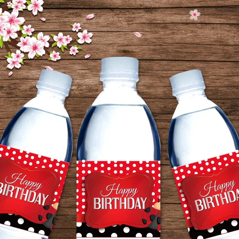 10pcs Ladybug Red Black Water Bottle Stickers Label Ladybug Theme Party Happy Birthday Party Bottle Wraps Baby Shower Favor