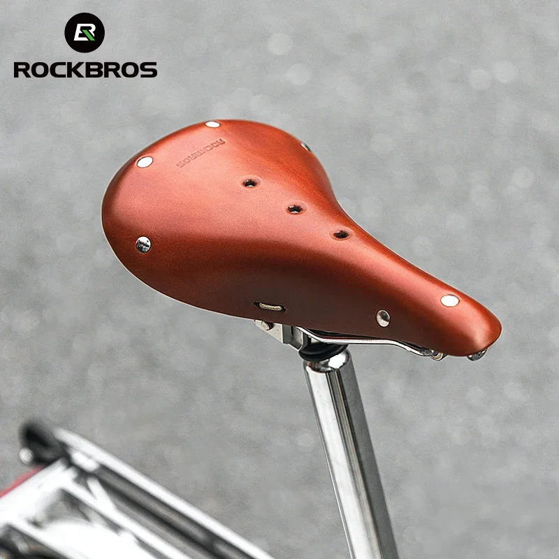 ROCKBROS Retro Bike Saddle Genuine Leather Seating Saddles Cycling Cushion Comfortable Classic Shockproof Breathable Saddle