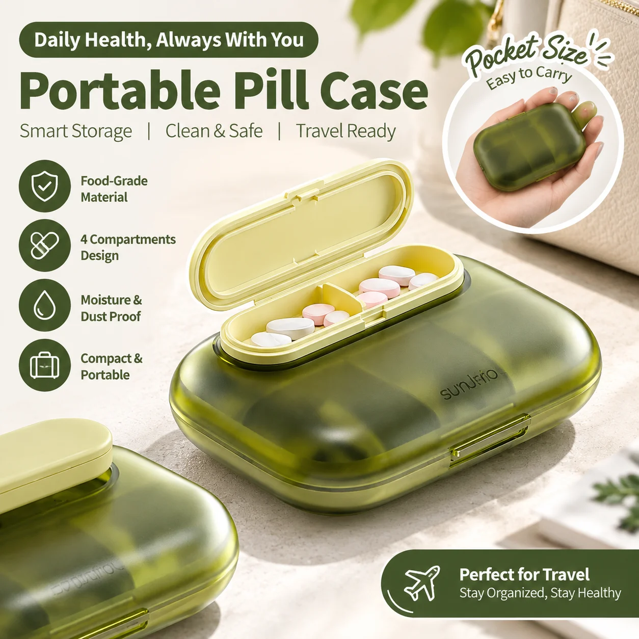 Premium 3-Compartment Pill Organizer BPA-Free Mini Portable Medicine Case for Daily Vitamins Supplements Travel Storage