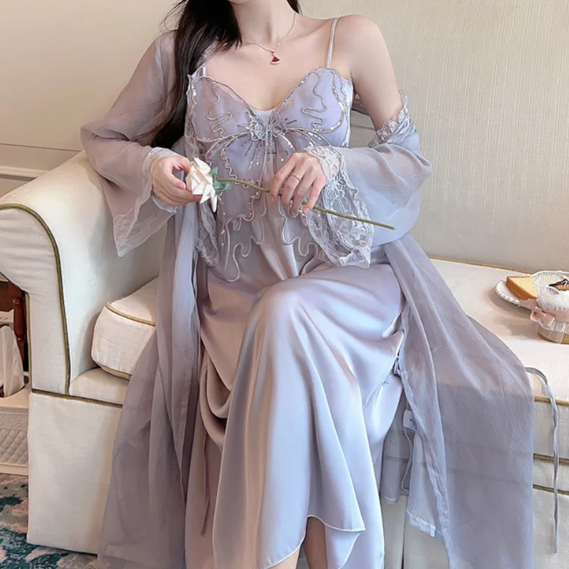 

Sexy Long Robe Set Nightgown Retro Palace Style Rayon Sleepwear Home Dress Women Applique Butterfly Lace Nightdress Loungewear