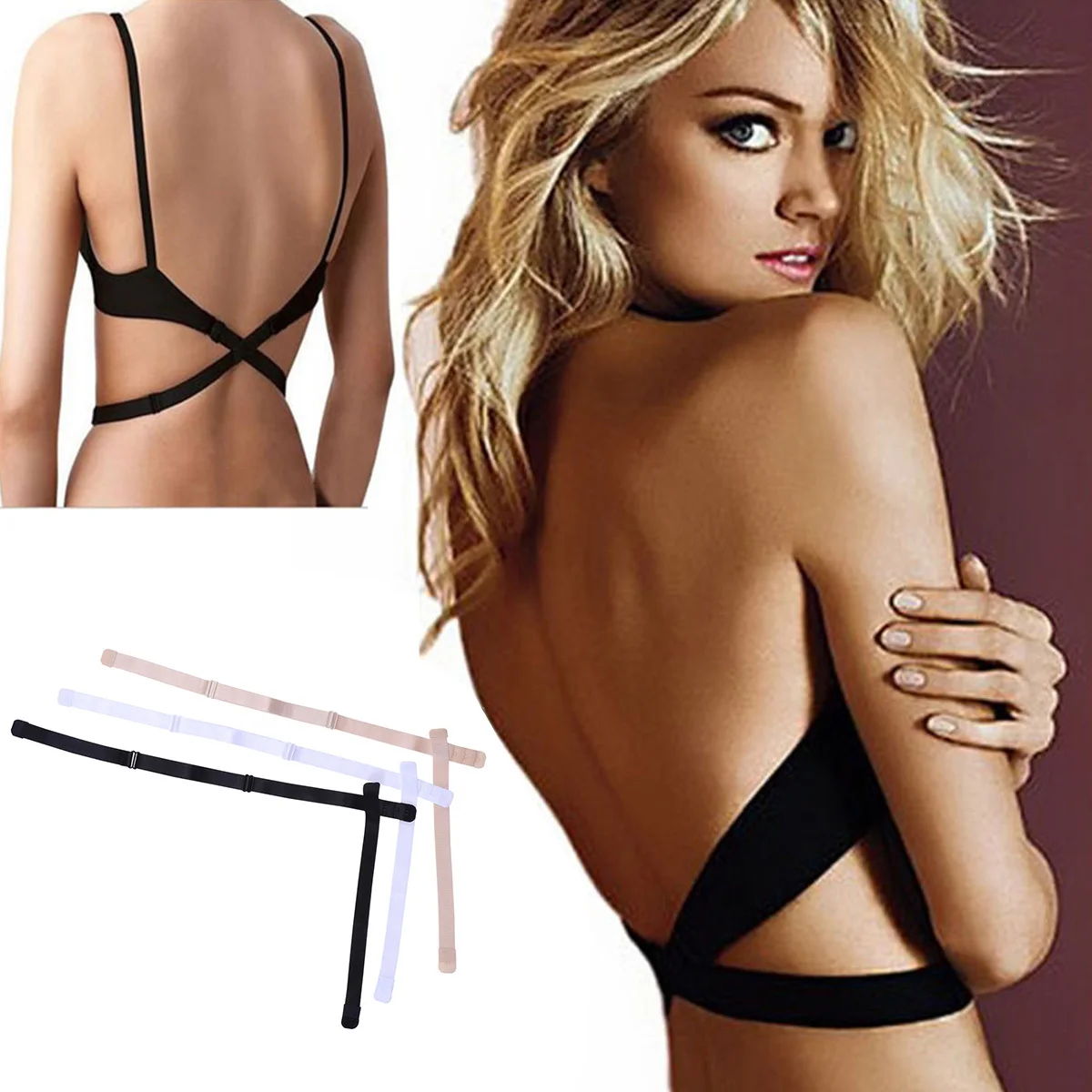3Pcs Low Back Bra Strap Converter Adjustable Polyester Cotton Converters for Low Cut Tops Summer Dresses Black White Beige