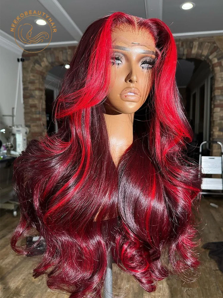 

Red Burgundy Highlight Colored Lace Front Human Hair Wig Wavy 99J Pre Plucked 13x6 HD Transparent Lace Frontal Wigs For Women