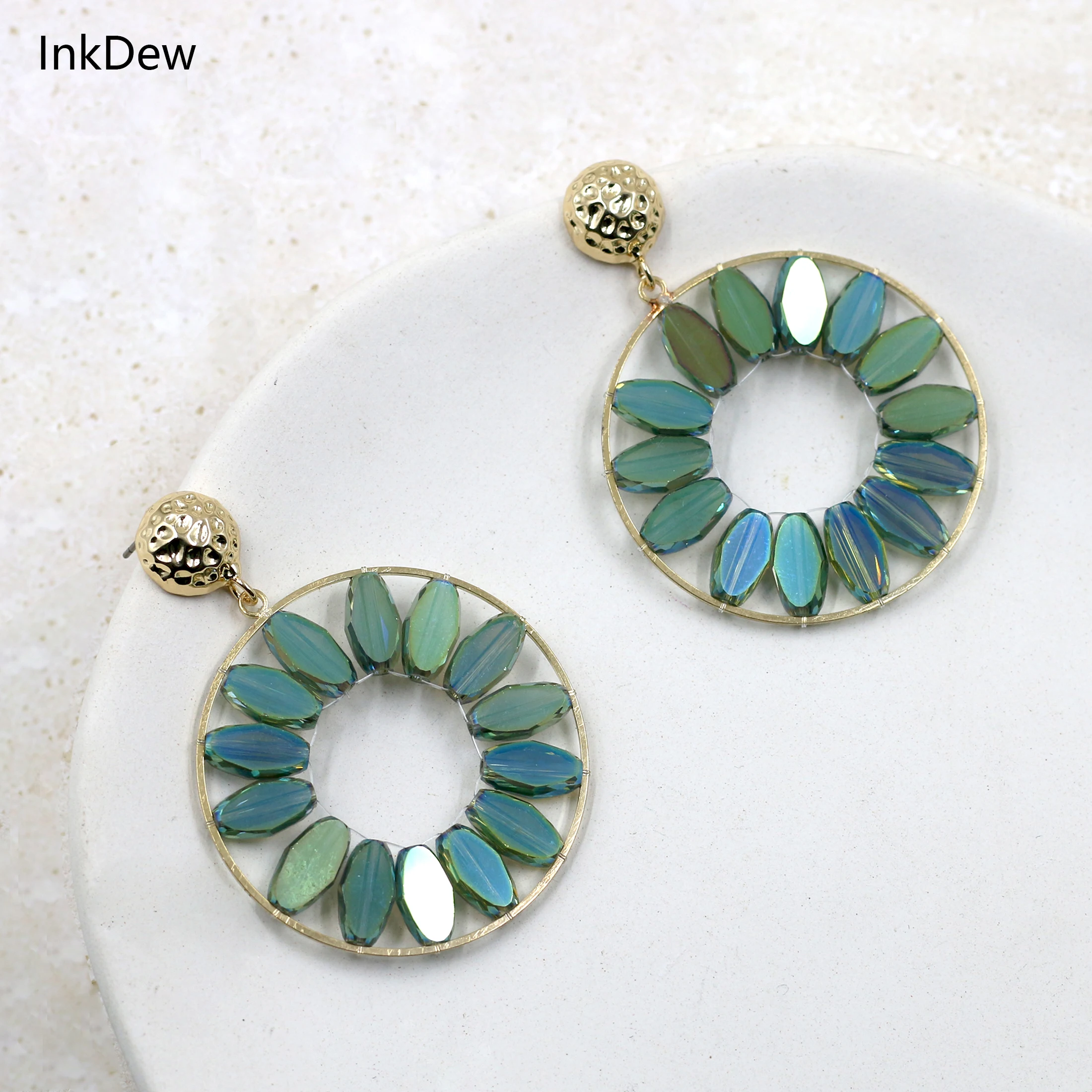 INKDEW Round Shape Green Color Drop Earrings for Women Earrings Handmade Beads Crystal Big Long Earrings Jewelry Gift boho EA096