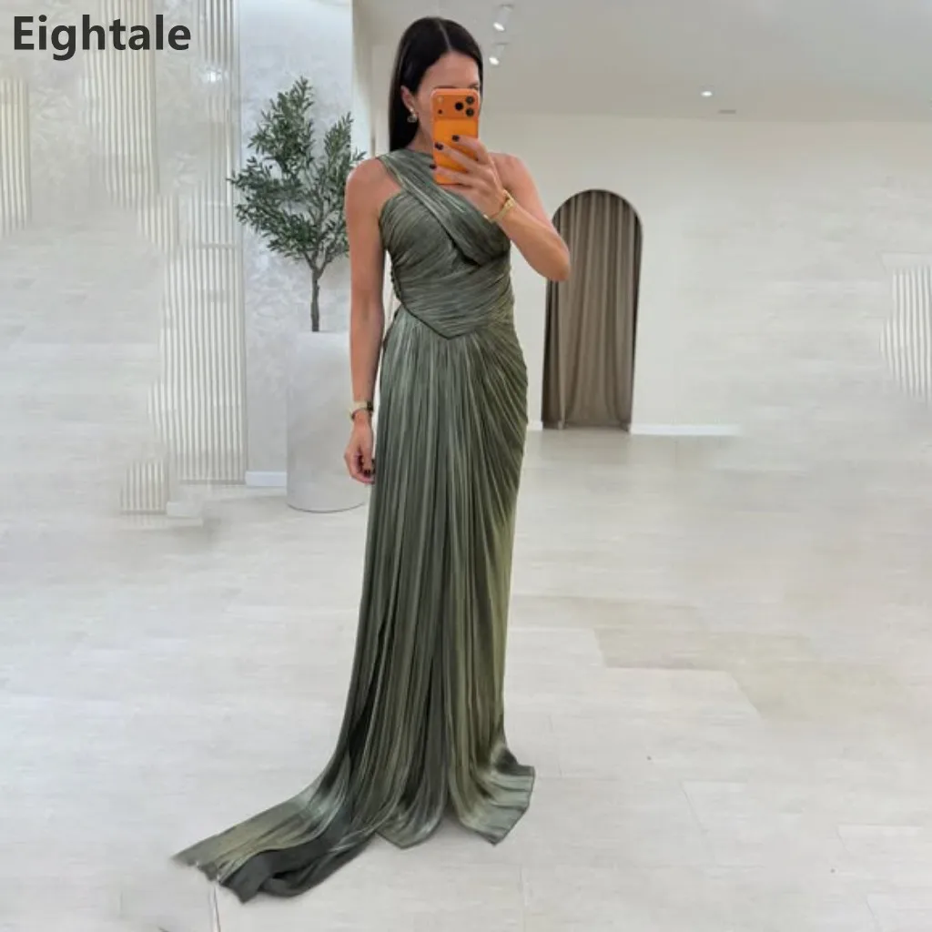 Olive Green One‑Shoulder Pleated Evening Gown High Slit Draped Formal Wedding Guest Maxi Dress With Trailing Sash Customized