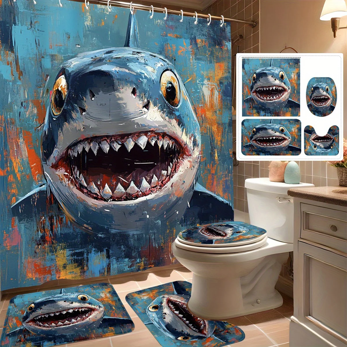 

4pcs Shower Curtain Set, Funny Shark Mouth Design, Modern Bathroom Decor, Includes 12 Hooks, Non-Slip Bath Mat, U-Shaped