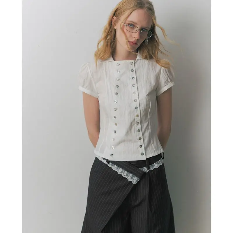 Spring Summer Ruffle Collar Short Sleeve Shirt Women's Clothes Streetwear Fashion Vintage Slim Casual Tops Elegant Korean Tops