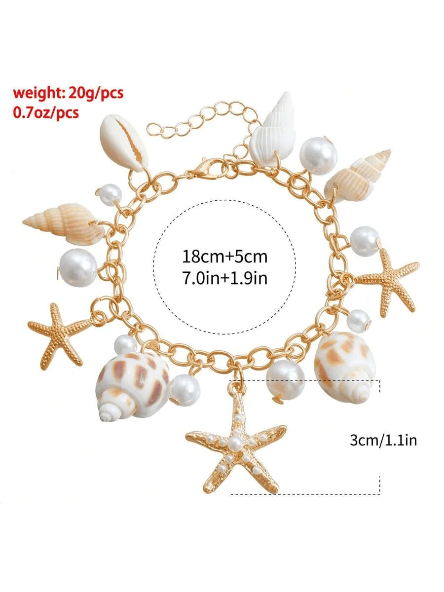 Women’s Gold Starfish & Seashell Charm Bracelet, Elegant Beach Jewelry with Faux Pearl, Summer Vacation Accessory image 6