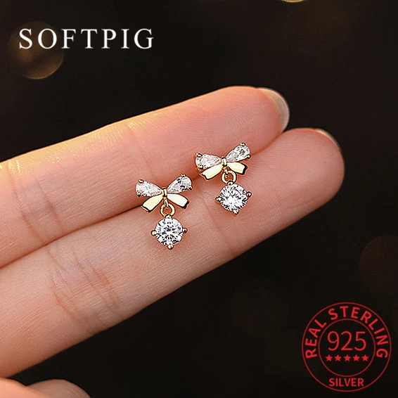 SOFTPIG Real 925 Sterling Silver Zircon Bowknot Stud Earrings for Women Classic Geometric Fine Jewelry Minimalist Accessories