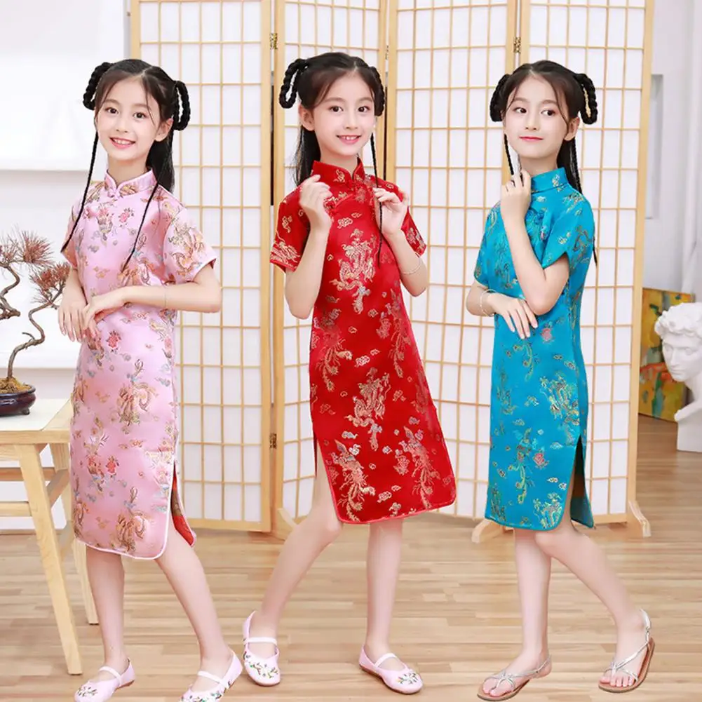 Robe chinoise fendue à imprimé phénix pour enfants, Cheongsams pour tout-petits, robes d'été élégantes pour filles, Hanfu