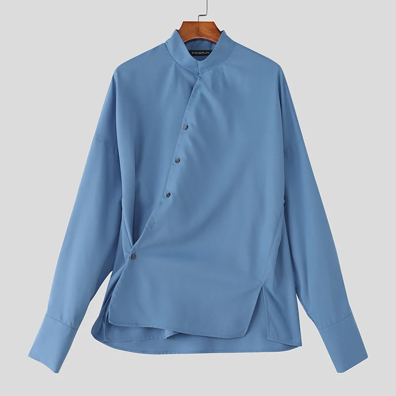 

INCERUN Men Shirt Solid Color Stand Collar Long Sleeve Button Men Clothing Streetwear Loose Korean Style Fashion Casual Tops