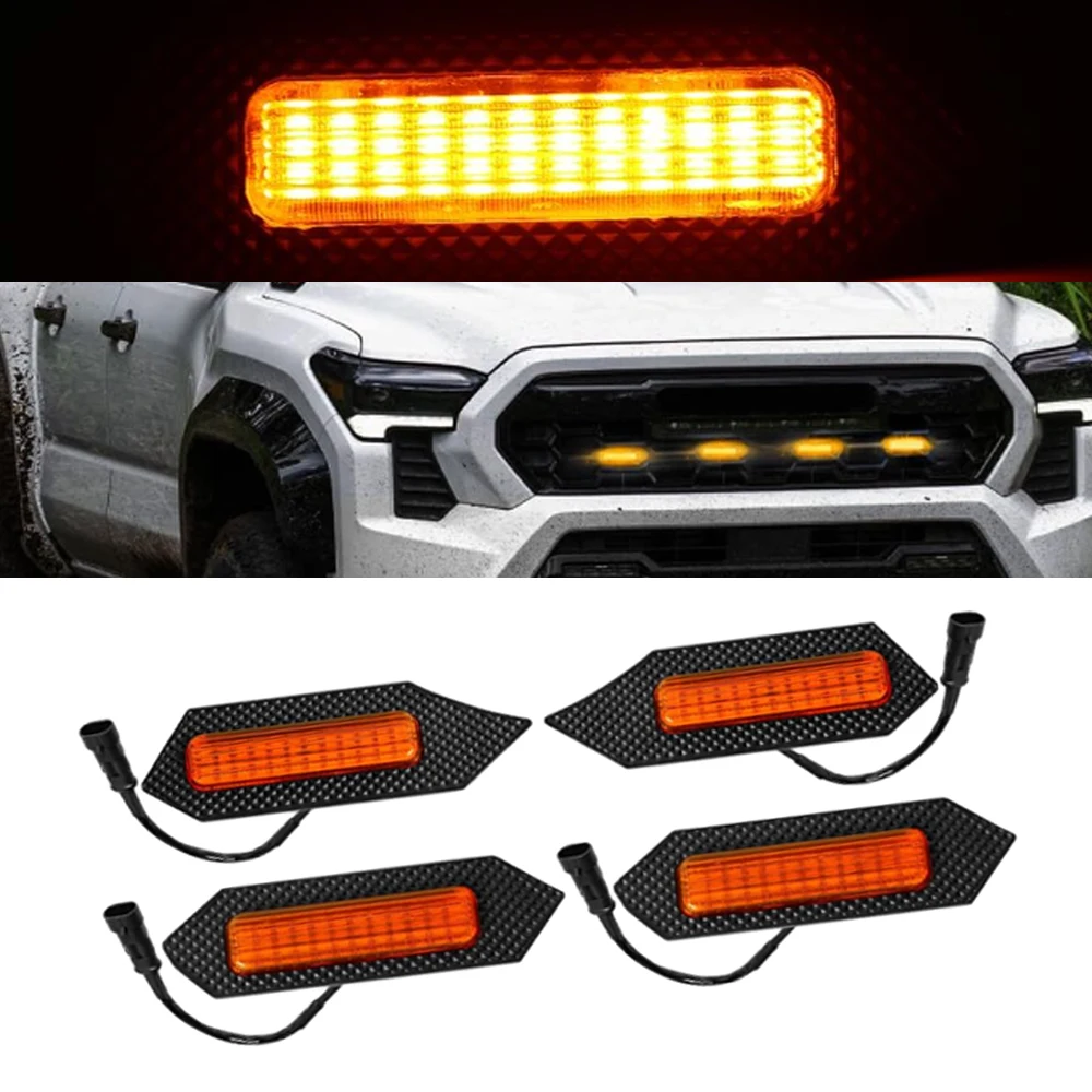 4pcs yellow/transparent/smoked black cover, yellow/white light one to four car grille lights fit for Toyota 2024 Toyota Tacoma