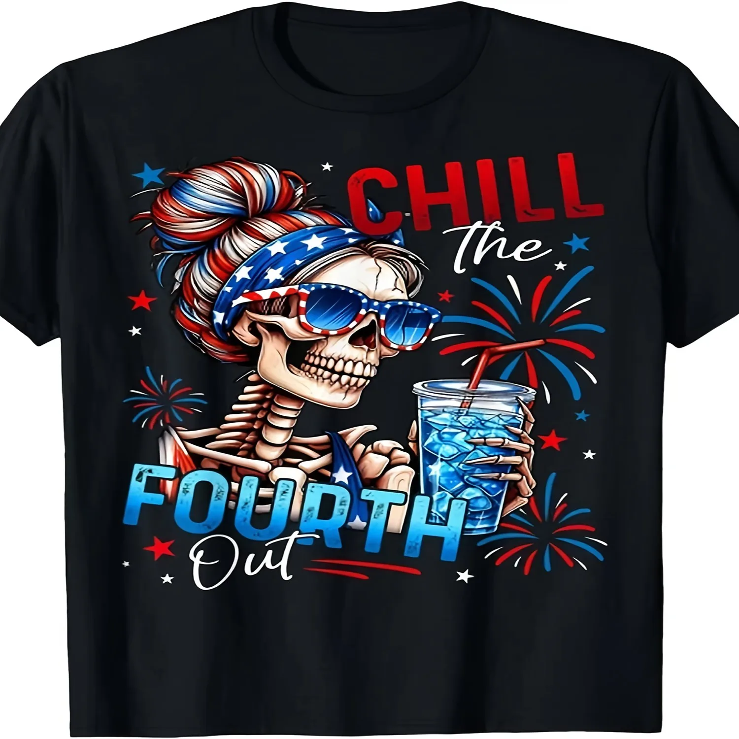 Funny 4th of July T-Shirt - Chill The Fourth Out Patriotic Skeleton Party Tee - Red, White Blue Retro Graphic Shirt - Heavyweight 220GSM Cotton - Unisex Adult Top for Men Women - Independence D Unisex T Shirt Gift For Her