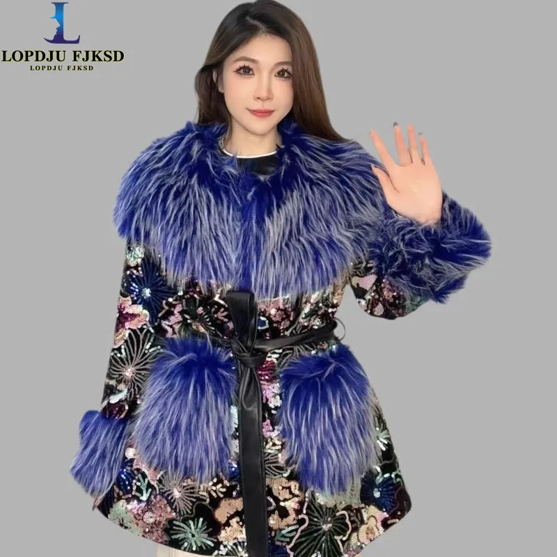 Faux Fur Coat for Women,Single Breasted Jacket,Female Clothes,O-Neck Outwear,Luxury,Sequins,Spliced,Autumn and Winter,2025