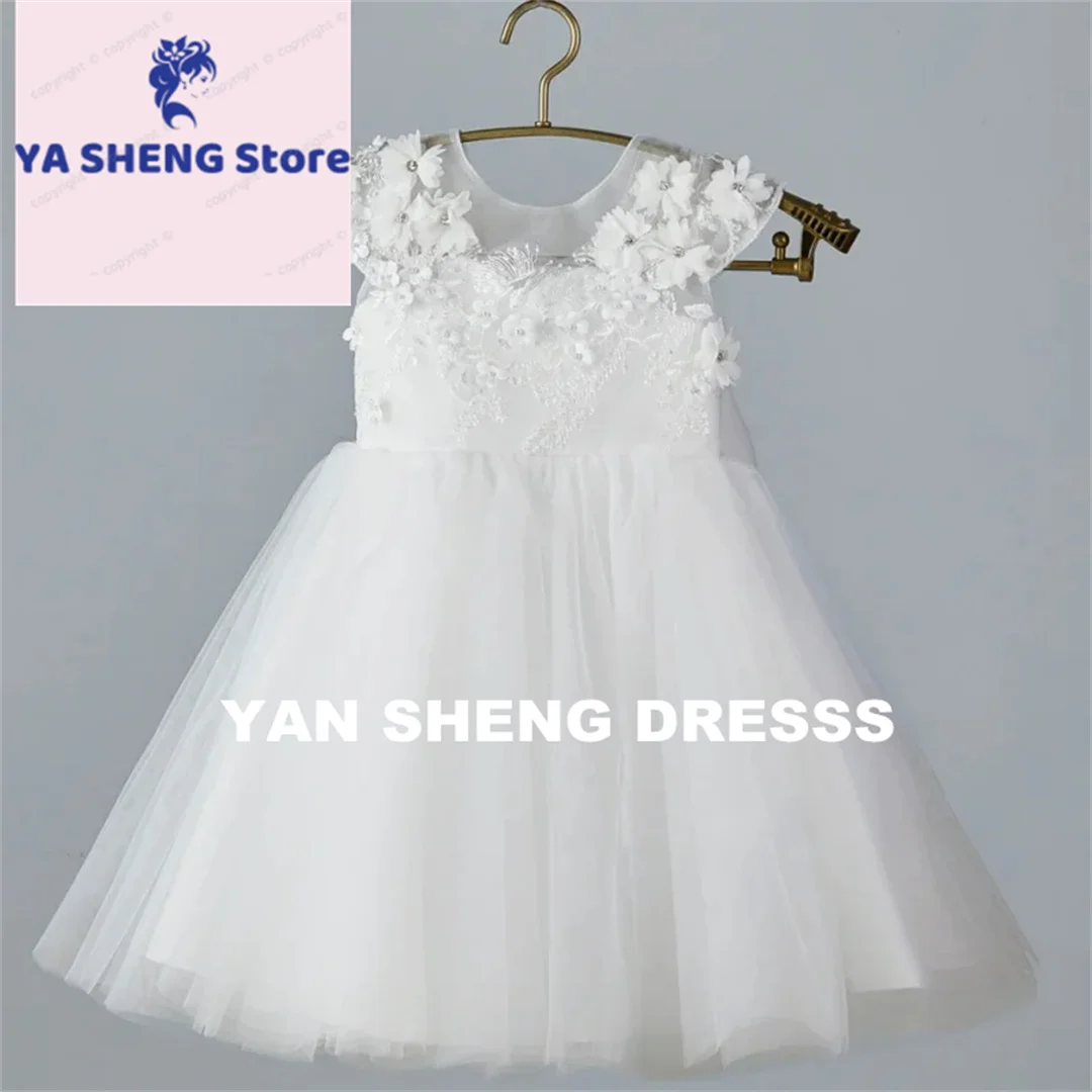 Customized White Tulle Flower Girl Dress with Bow Appliques Sleeveless for Wedding Birthday Party Holy Communion Girls Gown