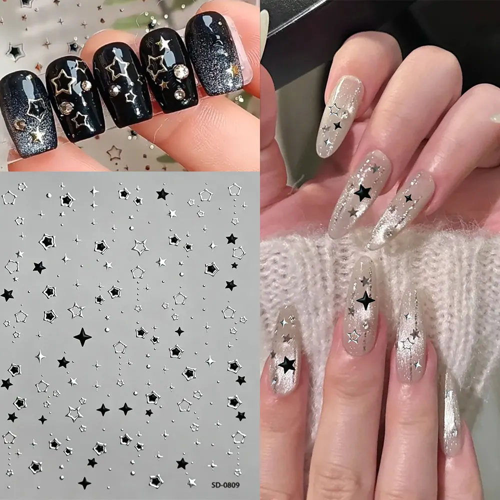 1pcs 5D Black & Silver Star Nail Stickers Y2K Hollow Five-Pointed Star Self-Adhesive Nail Decals Star DIY Manicure Decorations11
