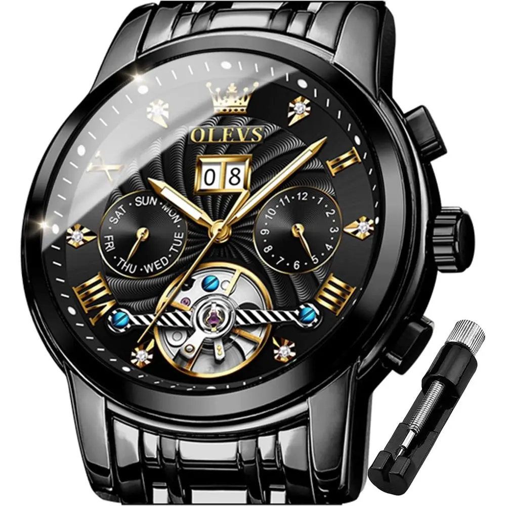 

Мужские автоматические часы OLEVS Skeleton с 5 стрелками, механические, классические, люксовые, с многофункциональным календарем, из нержавеющей стали, водонепроницаемые, наручные часы для мужчин