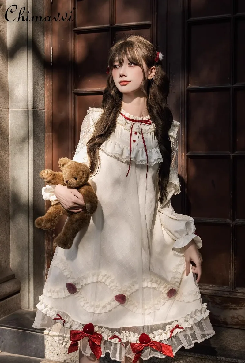 

Strawberry Cream Cake Light Lolita Doll Dress New 2026 Spring Summer Sweet Girls Women Retro Dollcore Op Long Sleeve Dress