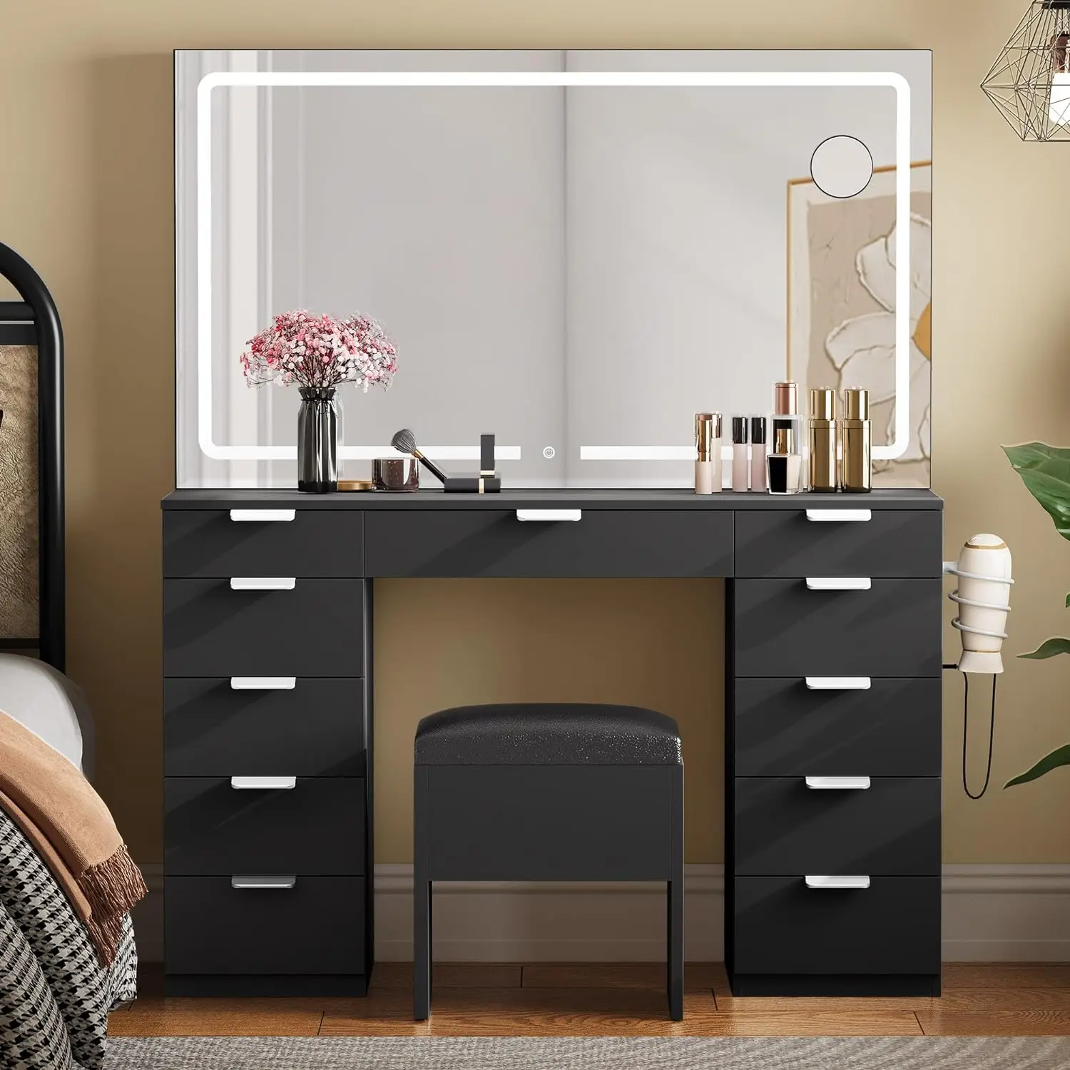 Makeup Vanity Set with Large LED Lighted Mirror & Power Outlet, Vanity Desk with 11 Drawers and Magnifying Glass NEW USA