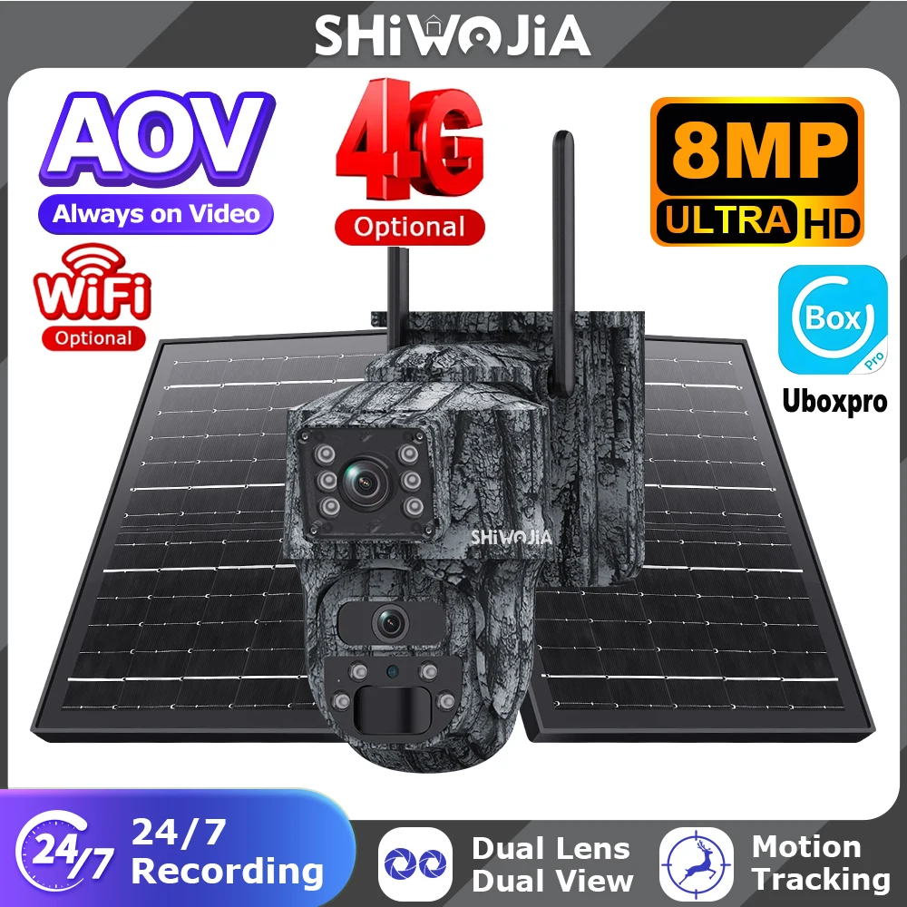 SHIWOJIA 8MP 4G Solar Security Camera 24/7 Video Recording Dual Lens WIFI Outdoor 360° View PIR Monitor Night Vision UBOXPRO APP
