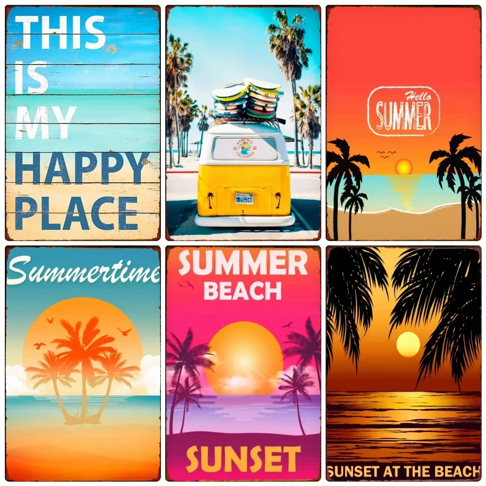 Vintage Summer Beach Metal Tin Sign 'Relax' Wall Decor Ideal for Pool Tiki Bar Pub Seaside Ocean 'Happy Place' Theme