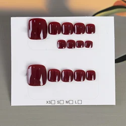 14pcs Handmade Vintage Wine Red False Toe Nails Press On Acyrlic Nails Square Fake Toenail Simple Short Artificial Nail Wearable