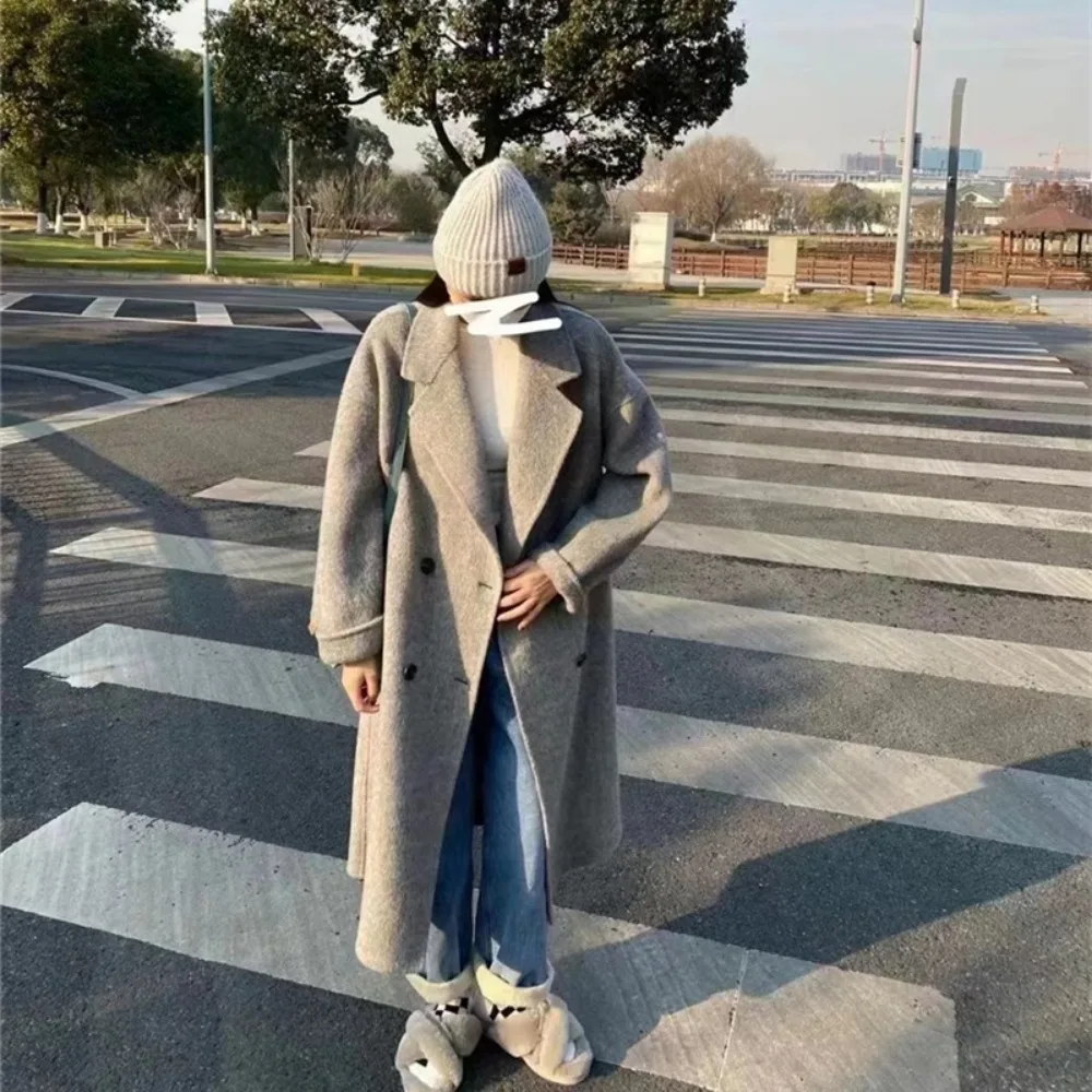 2024 New Classics Women Double Breasted Loose Woolen Coat Women Solid Casual Long Oversize Wool Jacket Female Autumn Winter