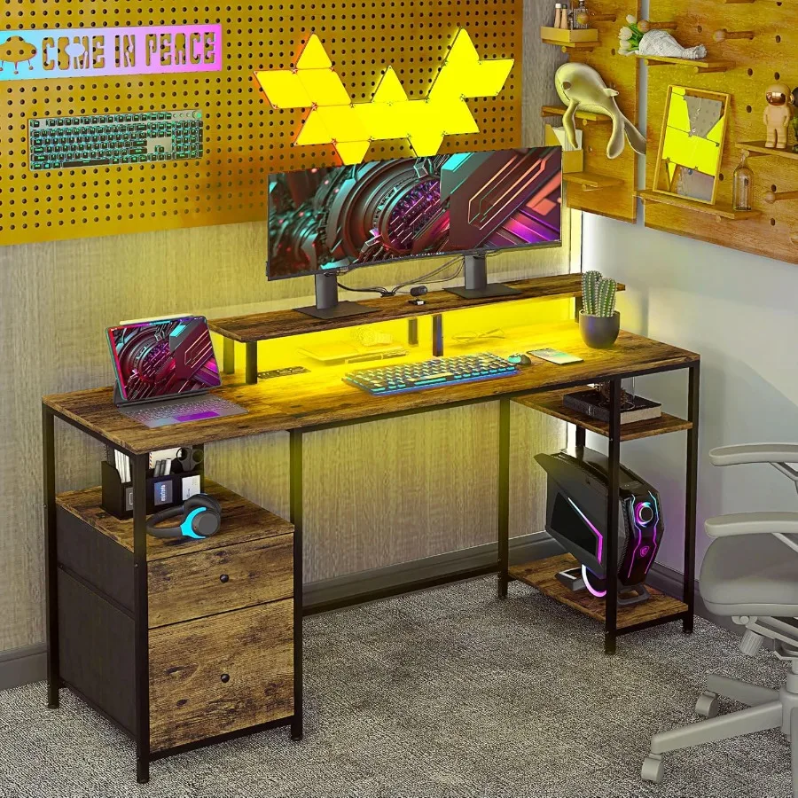 61 مكتب كمبيوتر مع أضواء LED منافذ طاقة منافذ USB مكتب ألعاب مع أرفف تخزين حامل شاشة خزانة ملفات قماشية Dra #2