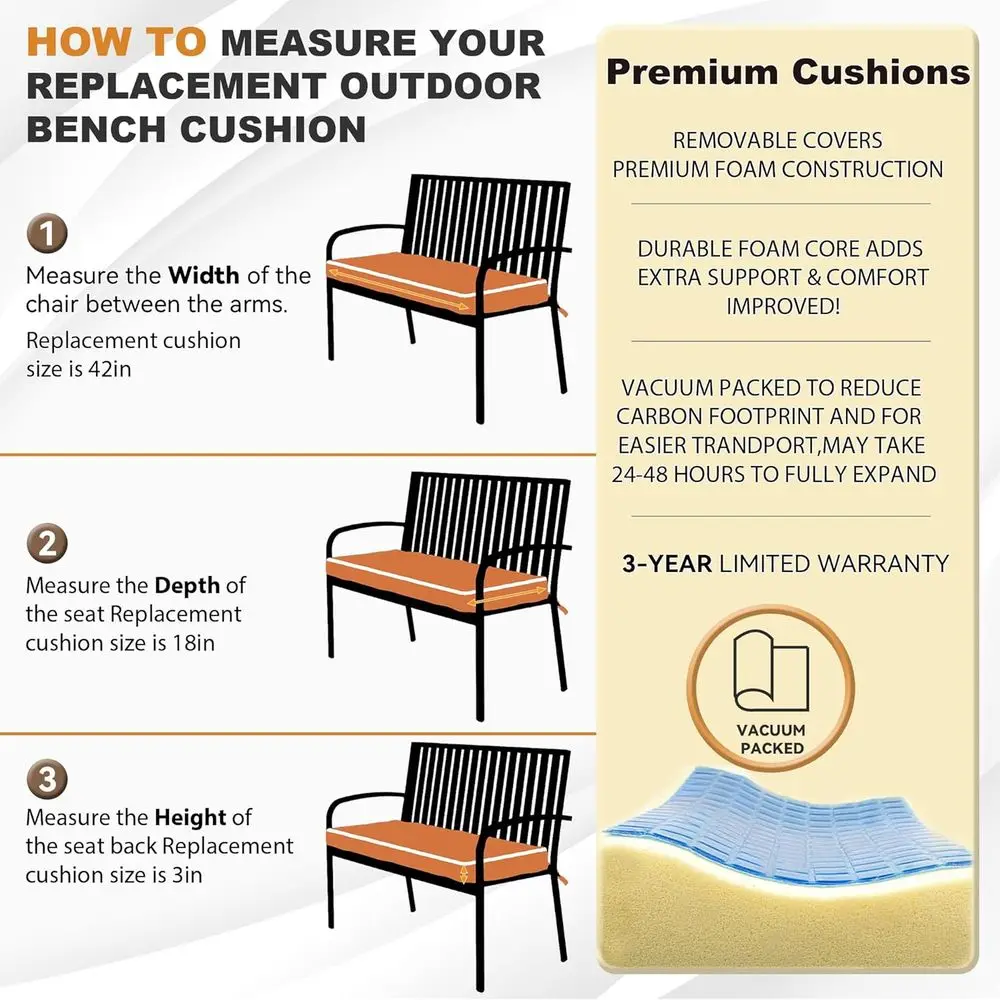 وسادة مقعد خارجية من قماش Olefin مقاومة للماء، غطاء قابل للإزالة، مقاوم للبهتان بالأشعة فوق البنفسجية، تتضمن العلاقات، المقاسات: 42 × 18، 48 × 18، 59 × 18 i