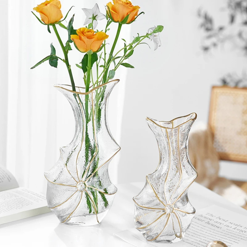 Retro High Luxury Gold Glass Vase Transparent Water-raised Flowers Rose Living Room Table Flower Arrangement Ornaments