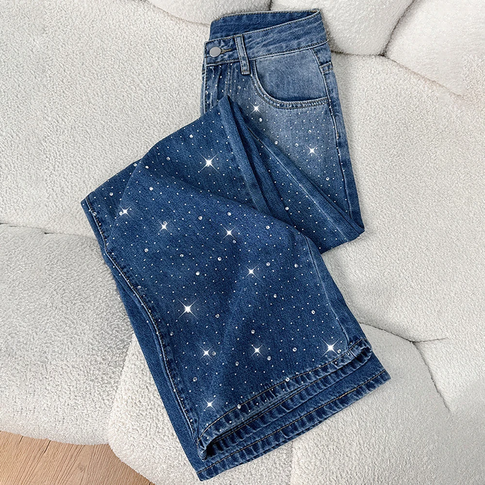 Fashion Blue Gradient Diamonds Jeans for Women 2026 New High Waist Straight Loose Trousers Y2K Sparkly Rhinestone Denim Pants