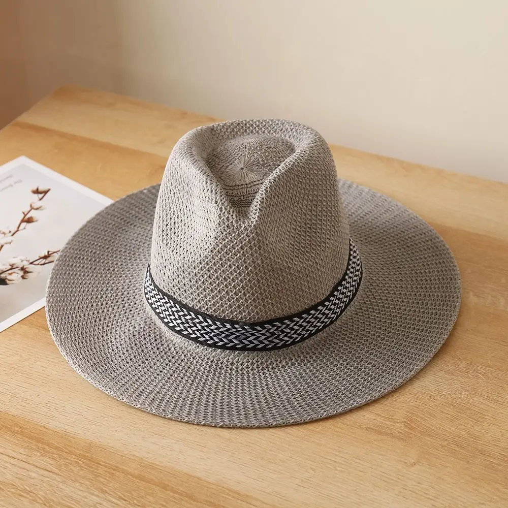 Summer Straw Hat Men Women Beach Hat Jazz Panama Fedora Wide Brim Sun Protection Cap Travel Leisure