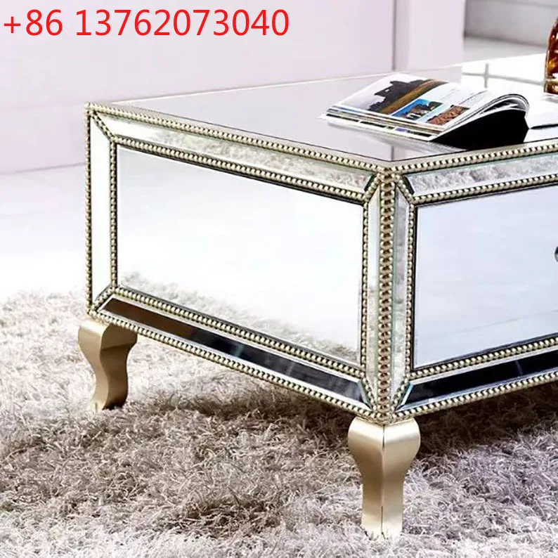 Champagne Gold American Pearl Edge Wood Line Glass Mirror Storage Coffee Table