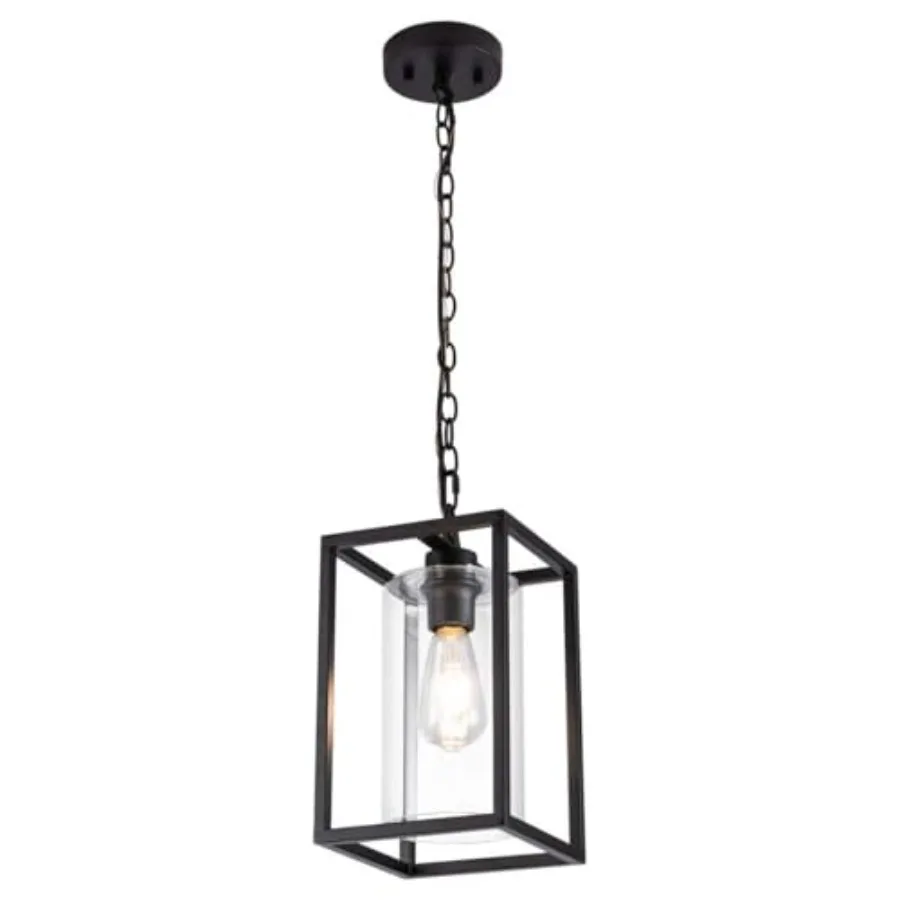 1-Light Farmhouse Pendant Light, Metal Cage Light Fixtures with Adjustable Chain and Glass Shade, Hanging Lights for Kitchen Is