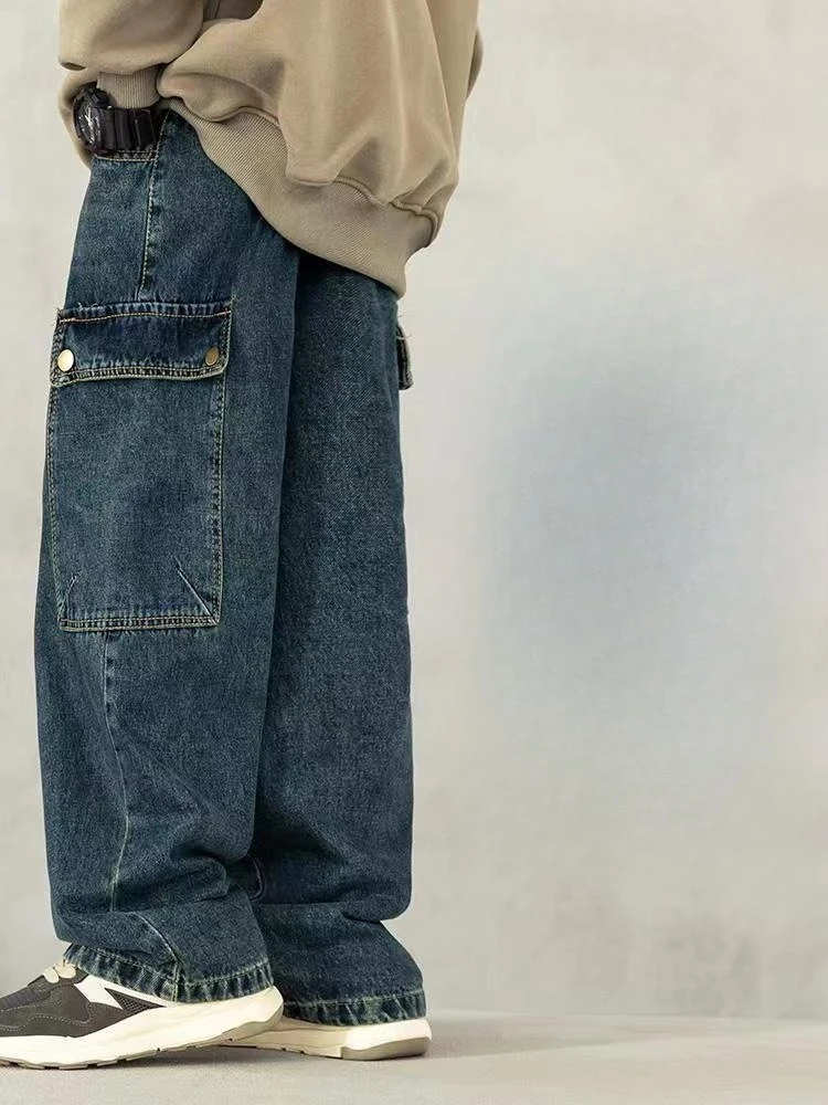 2026 New Kids Unisex Cargo Wide Leg Jeans Spring Autumn Boy Girl Straight Denim Pants Children Casual Long Trousers