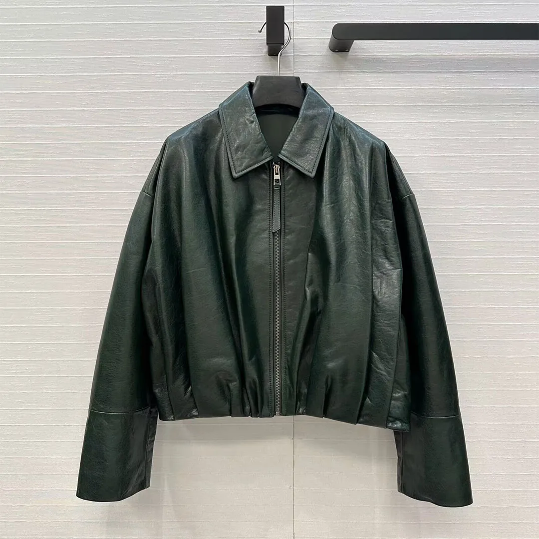 

High Quality 100% Real Sheepskin Leather Green Coat Women Lapel Zipper Long Sleeve Slim Waist Folds Short Vintage Jacket Outwear