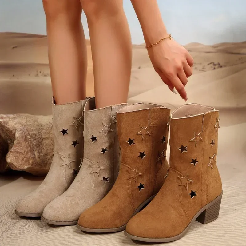 2024 New Women\'s Summer Retro Round Toe Chunky Heels Vegan Suede Western Boots with Hollow Design and Rivets Cowboy Boots Shoes