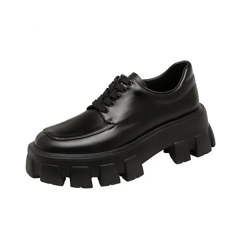 British Style Small Leather Shoes 2024 Spring and Autumn Loafer Shoes Heightened Thick Bottom Platform Lace-up Shoes