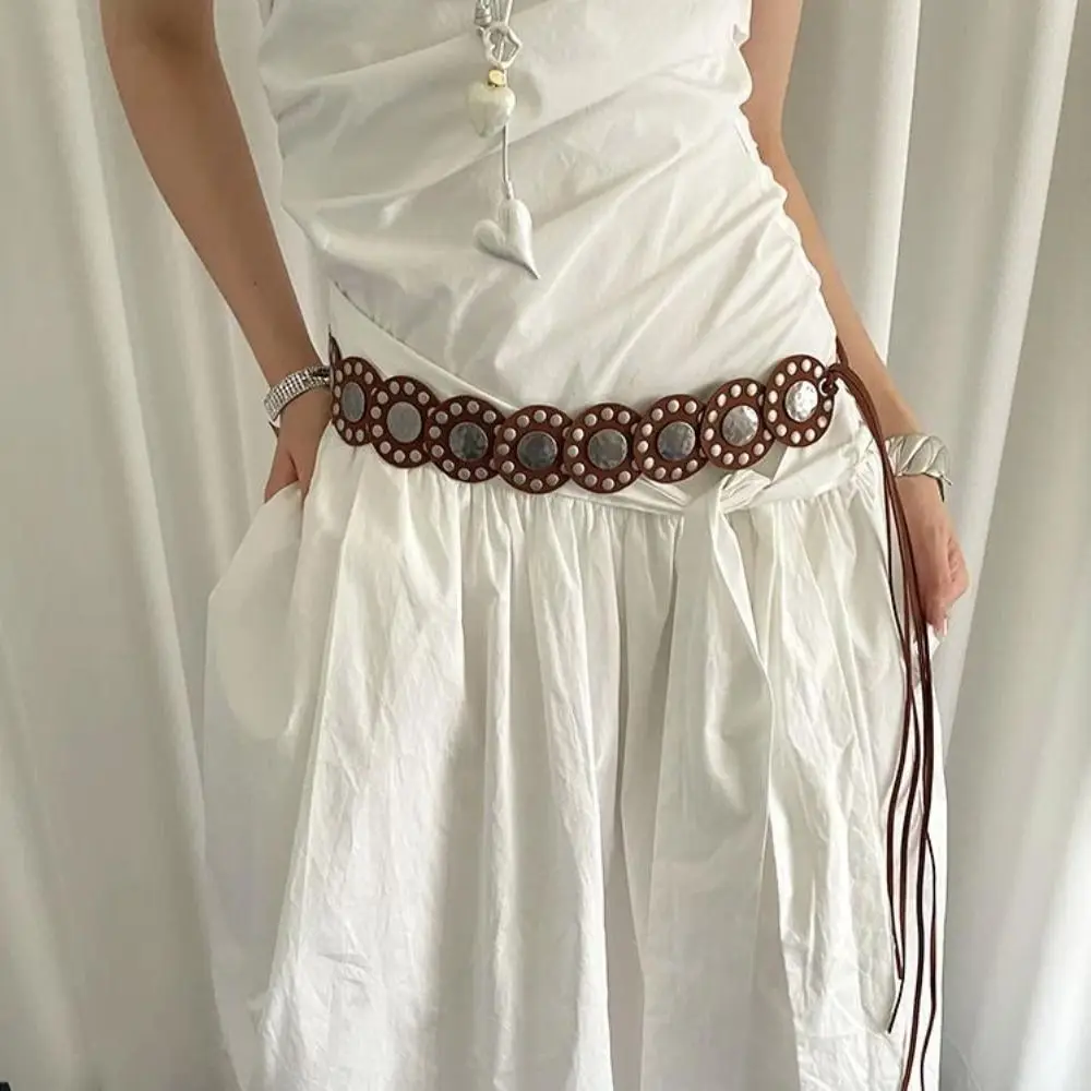 حزام برشام نسائي عتيق من Niche، حزام خصر من جلد القهوة الأسود، فستان عريض عالي التحمل، حزام جينز، ملابس الشارع