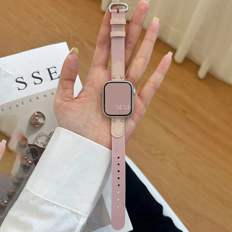 Cute Nylon Leather Pink Strap For Apple Watch 9 8 7 6 SE 5 4 3 Girl Stylish Wristband For iwatch Strap 49MM 45 44MM 38 40 41 MM