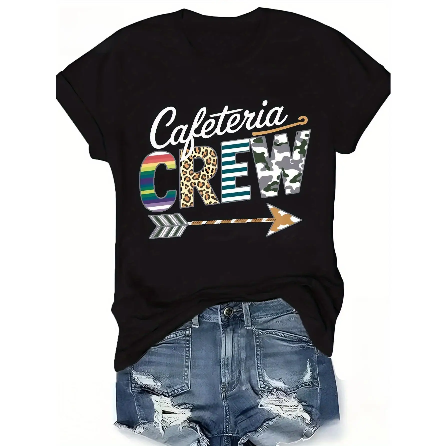 

Women's Cafeteria Crew Graphic T-Shirt - 100%, Black with Colorful Print, Casual & Comfortable, Round Neck, Short Sleeve