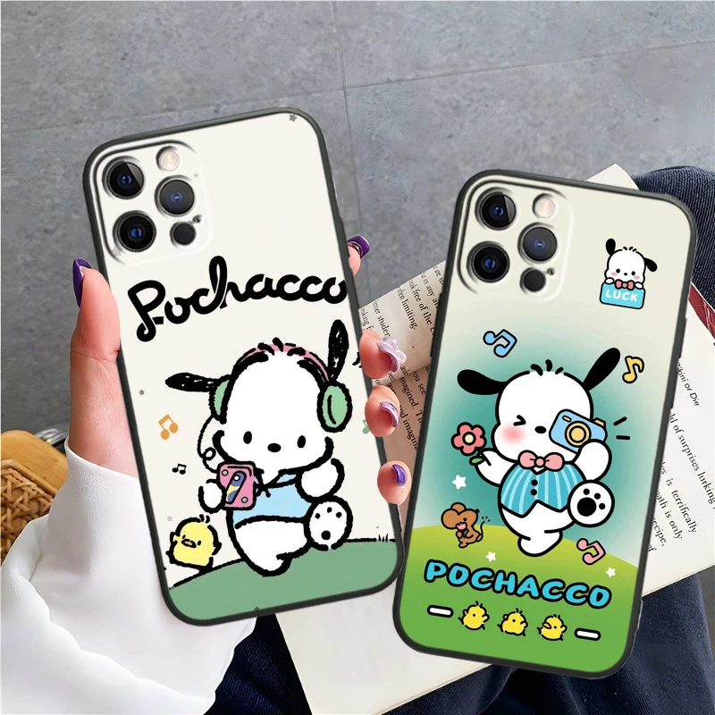 Pochacco Cute Sanrio Silicone Black Soft Phone Case For Apple iPhone 15 14 13 12 11 X XS XR 8 7 6 6S Pro Plus Max Mini