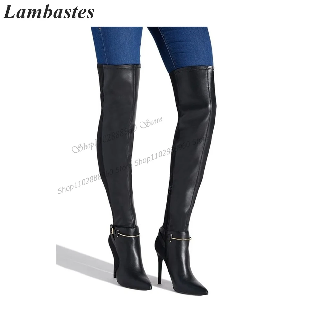 Over The Knee Black Buckle Strap Metal Decor Slim Boots Thin High Heel Women Shoes Side Zipper Pointed Toe 2023 Zapatillas Mujer