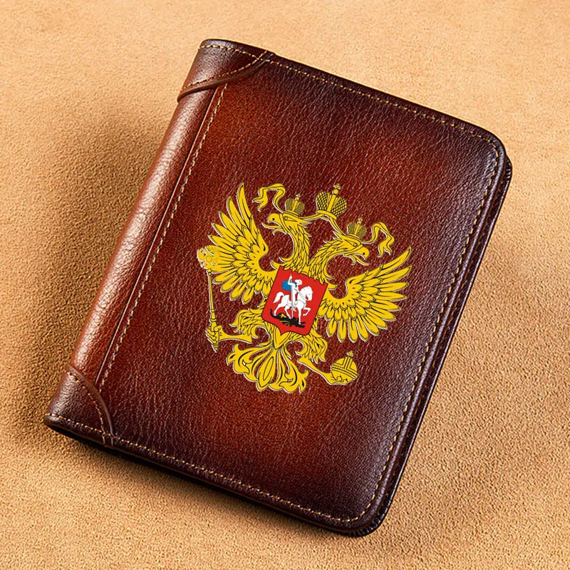 High Quality Genuine Leather Men Wallets Russian Double-headed Eagle Printing Short Card Holder Purse Luxury Brand Male Wallet