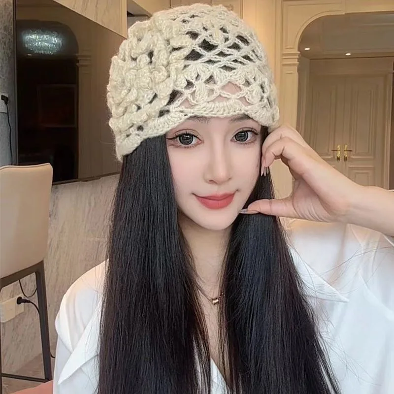 

Handmade Crochet Hollow Head Japan Knit Cap Spring Summer Retro Casual Turban Fashion Melon Mesh Hat Pullover Hat Breathable